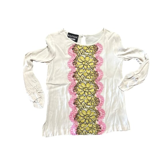 Boutique Moschino 6 White Silk Blend Blouse Floral Lace Embroidery Designer Top - Picture 12 of 12